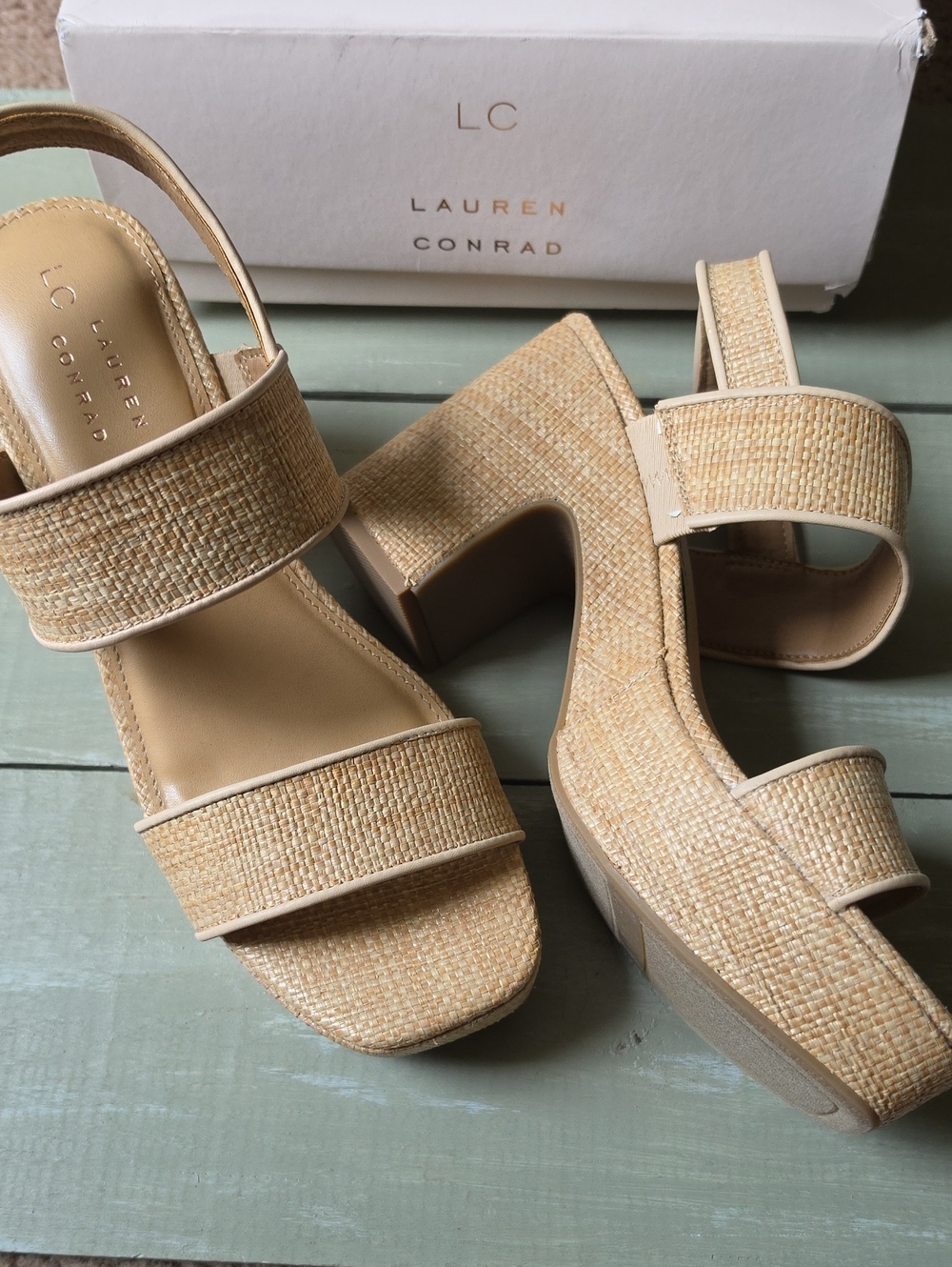 LC Lauren Conrad Natural Tan Woven Platform Sandals with Ankle Strap